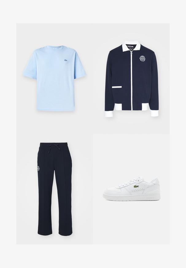 Tengerészeti zipzáros kabát struktúrált anyagból, fehér díszítésekkel, gallérral és hímzett teniszklub logóval a bal mellrészen.; Világoskék pamut póló kerek nyakkal, rövid ujjakkal és egy kis hímzett logóval a bal mellrészen. Puha tapintás, laza fazon.; Sötétkék melegítőnadrág puha anyagból, húzózsinórral ellátott derékkal és oldalvarrásokkal. Bal combon egy kis hímzett logó található.; Fehér bőr sportcipők perforált részletekkel, lapos fűzőkkel, és egy kis zöld logóval az oldalon. Gumitalp és párnázott gallér a kényelem érdekében.