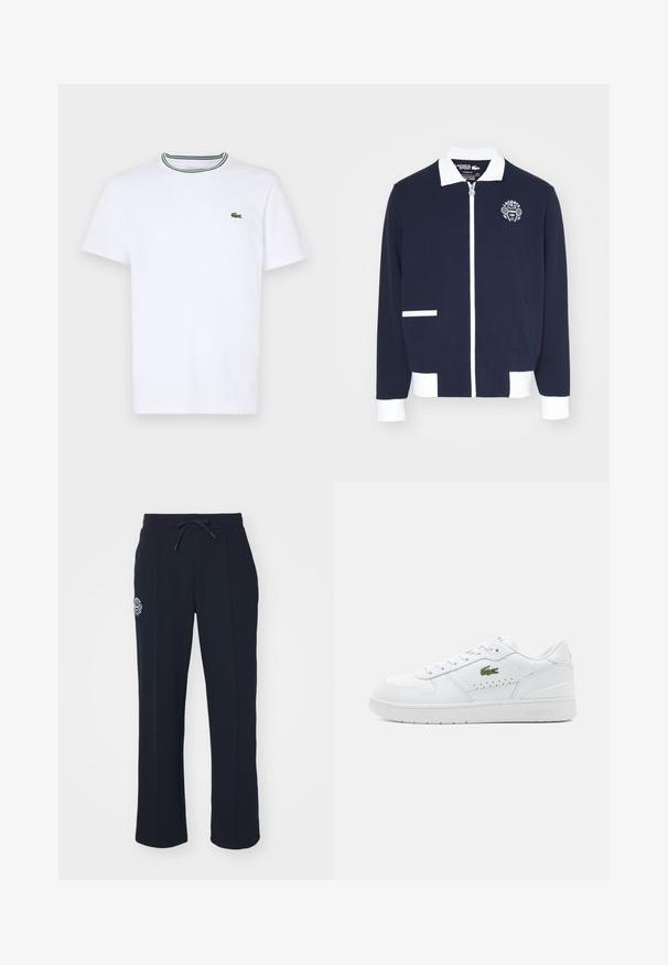 Marineblå jakke med glidelås laget av teksturert stoff, med hvite detaljer, krage og en brodert tennis klubb-logo på venstre bryst.; Hvit bomulls T-skjorte med korte ermer og ribbet krage som har grønne og svarte striper; liten grønn brodert logo på venstre bryst.; Marineblå joggebukser laget av mykt stoff, med snor i livet og sidelommer. Inkluderer en liten brodert logo på venstre lår.; Hvite lær sneakers med perforerte detaljer, flate lisser og en liten grønn logo på siden. Gummisåle og polstret krage for komfort.