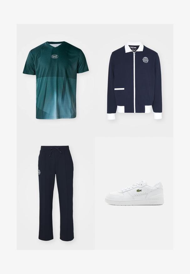 Casaco de fecho éclair em tom de azul-marinho, feito de tecido texturizado, com detalhes em branco, gola e um logótipo bordado de clube de ténis no peito esquerdo.; T-shirt verde de manga curta em V com padrão em gradiente; apresenta pontos e linhas em tons contrastantes. Logótipo da marca centrado no peito.; Calças de moletom azul-marinho feitas de tecido suave, com um cós elástico ajustável e pregas laterais. Inclui um pequeno logótipo bordado na coxa esquerda.; Sapatilhas brancas de pele com detalhes perfurados, atacadores planos e um pequeno logo verde na lateral. Sola de borracha e colarinho acolchoado para maior conforto.