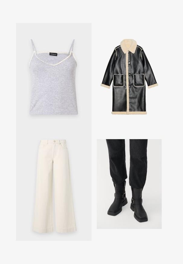 Svart läderjacka med en beige fårskinnskrage och foder, framfickor och knappstängningar, med kontrasterande vita sömmar.; Grå ribbad linne med justerbara spaghetti-stolar. Har en V-formad halsringning och fransiga krämfärgade detaljer längs kanterna.; Breda byxor i ljusbeige denim med hög midja, två framfickor, knappstängning och subtila sömmar.; Svarta läderankelstövlar med fyrkantig tå, som har ett brett rem och metallspänne som detalj. Stövlarna har en kraftig sula och en slät textur.
