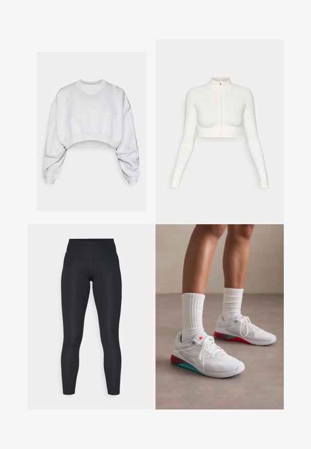 Biely skrátený zipsový top s dlhými rukávmi a vysokým golierom, priliehajúci strih, hladký povrch a manžety s otvorom na palec.; Sivý krátky sveter vyrobený z mäkkej tkaniny, s okrúhlym výstrihom, spadnutými ramenami a rebrovanými manžetami. Bez viditeľných vzorov alebo loga.; Čierne legíny vyrobené z elastickej tkaniny, s vysokým pásom, hladkou textúrou a prispôsobivým strihom. Žiadne viditeľné vzory ani kovové prvky.; Biele športové topánky s textúrovaným zvrškom, tyrkysovými akcentmi a červeným opätkom. Nosia sa s rebrovanými bielymi ponožkami. Majú šnúrky a branding.