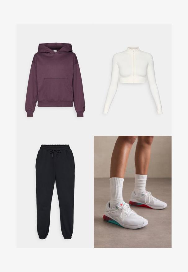 Top bianco corto con zip e maniche lunghe, con colletto alto, design aderente, texture liscia e polsini con foro per il pollice.; Fabletics COZY HOODIE - Felpa con cappuccio - deep plum; Pantaloni della tuta neri realizzati in tessuto morbido, con vita elastica e cordino, tasche laterali e polsini elastici alle caviglie.; Scarpe da atletica bianche con tomaia testurizzata, dettagli turchesi e tallone rosso. Indossate con calzini bianchi a coste. Presentano lacci e marchi.