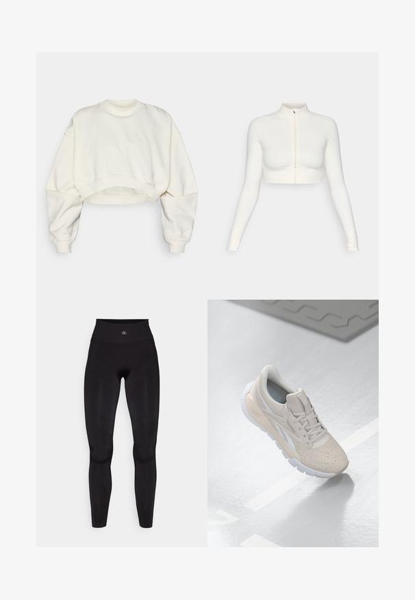 Bijela skraćena zip-up majica s dugim rukavima, visokim ovratnikom, uskim dizajnom, glatkom teksturom i rukavima s otvorima za palčeve.; Skraćeni dukserica od boje off-white, sa rebrastim okruglim izrezom, spuštenim ramenima i pojasom na donjem rubu. Glatka tekstura i minimalistički dizajn.; Champion SEAMLESS LEGGINGS SHOCK ABSORBER - Tajice - black; Svijetlosmeđi sportski tenisici s perforiranim gornjim dijelom, teksturiranim detaljima, podstavljenim okvirom i bijelim gumiranim potplatom, dizajnirani za udobnost i prozračnost.