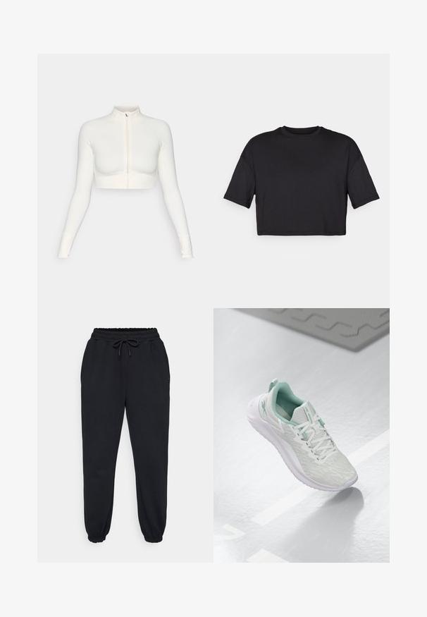 Fehér, rövidített, cipzáras, hosszú ujjú felső magas gallérral, testhez simuló fazonnal, sima textúrával és hüvelykujjlyukakkal.; Fekete rövidított póló puha anyagból, kerek nyakkivágással és rövid, széles ujjakra, egyszerű, varrás nélküli dizájnnal.; Fekete melegítő nadrág, puha anyagból készült, rugalmas derékpánttal, zsinórral, oldalsó zsebekkel és rugalmas szárakkal a bokánál.; Világosszürke sportcipő, texturált kötött felső réteggel, menta zöld kiegészítőkkel, fehér fűzőkkel, gumitalppal és húzófüllel a saroknál.