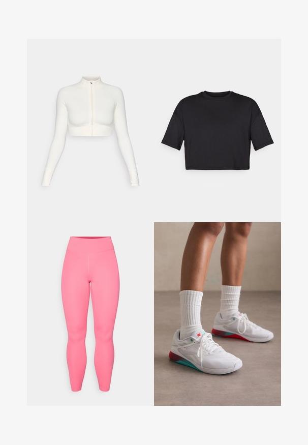 White cropped zip-up long-sleeve top with a high collar, fitted design, smooth texture, and thumbhole cuffs.; Black cropped t-shirt made of soft fabric, featuring a round neckline and short, wide sleeves, with a simple, seamless design.; Pink active leggings with a high waist, made of stretchy material. Features a smooth texture and no visible patterns or accents.; White athletic shoes with a textured upper, turquoise accents, and a red heel. Worn with ribbed white socks. Features laces and branding.