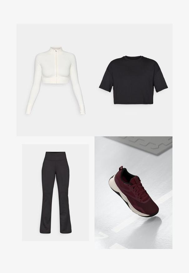 Biely skrátený zipsový top s dlhými rukávmi a vysokým golierom, priliehajúci strih, hladký povrch a manžety s otvorom na palec.; Čierny crop top vyrobený z mäkkej tkaniny, s okrúhlym výstrihom a krátkymi, širokými rukávmi, s jednoduchým, bezšvovým dizajnom.; Čierne rozšírené jogové nohavice vyrobené z elastického materiálu. Vysoký pás, hladká textura a žiadne viditeľné vzory ani kovové detaily.; Bordová športová obuv s textilným vrchom, čiernymi akcentmi a polstrovanou bielou podrážkou. Obsahuje šnúrku na zaviazanie a pútko na päte.
