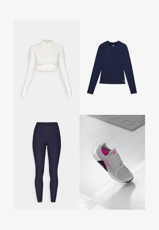 Top branco cropped com fecho, de mangas longas e colar alto, com design ajustado, textura suave e punhos com orifícios para os polegares.; Camisa de manga longa azul marinho fabricada em tecido elástico, com decote redondo, mangas raglan e um pequeno logotipo perto da bainha.; Leggings atléticos azul marinho feitos de um tecido texturizado e elástico, com uma cintura alta e costuras suaves para conforto e ajuste.; Sapatilha atlética Reebok em cinza e rosa com parte superior em malha e sola detalhada, exposta sobre uma superfície branca reflexiva.