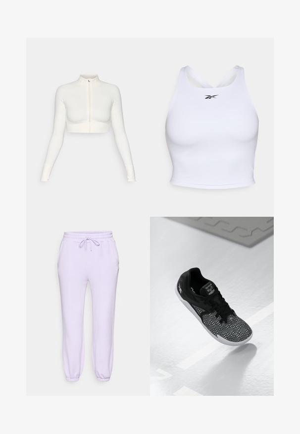 Valge lühikeste varrukatega pikendatud ülikond, millel on kõrge krae, sobiv disain, sile tekstuur ja pöidlaugu käised.; Valge sportlik lühike topp, mis on valmistatud sileda ja veniva kangaga. Omab ristuvate õlgade disaini ja ees on väike must logo.; Lavendli spordipüksid, mis on varustatud elastse vööga ja paelaga, küljetaskutega ning kitsenevate varrukatega pahkluude juures. Pehme ja siledapind.; Must värvitud spordijalanõud, millel on tekstuuriga, mustriga võrkkangas ülemine osa, mustad paelad ja valge tald. Esitleb Reebok'i brändingut keelel ja külgedel.