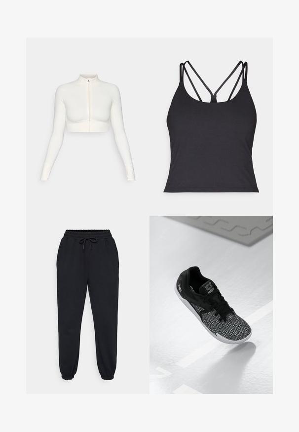 Valkoinen lyhyeksi leikattu vetoketjullinen pitkähiha, jossa on korkea kaulus, slim fit -muotoilu, sileä rakenne ja peukalon aukot hihansuissa.; Musta tank top ohutse olatustega, millel on risttõmme seljal. Valmistatud pehmest ja venivast materjalist, millel on keha lähedane siluett.; Mustat verkkarit, jotka on valmistettu pehmeästä kankaasta, sisältävät joustavan vyötärönauhan narulla, sivutaskut ja joustavat hihnat nilkoissa.; Musta urheilujalkine, jossa on teksturoitu, kuvioitu verkko-osa, mustat nauhat ja valkoinen pohja. Sisältää Reebok-logon kielekkeessä ja sivulla.