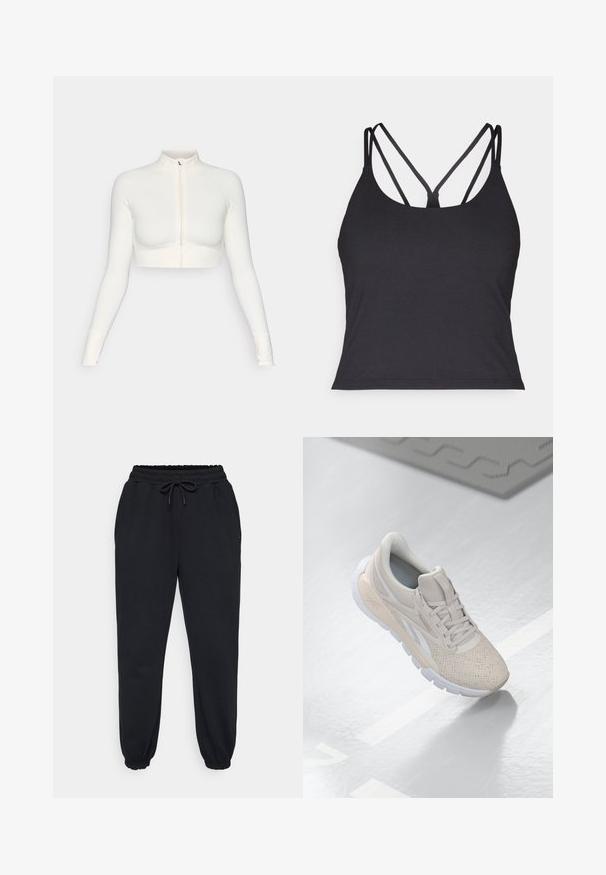 Valkoinen lyhyeksi leikattu vetoketjullinen pitkähiha, jossa on korkea kaulus, slim fit -muotoilu, sileä rakenne ja peukalon aukot hihansuissa.; Musta tank top ohutse olatustega, millel on risttõmme seljal. Valmistatud pehmest ja venivast materjalist, millel on keha lähedane siluett.; Mustat verkkarit, jotka on valmistettu pehmeästä kankaasta, sisältävät joustavan vyötärönauhan narulla, sivutaskut ja joustavat hihnat nilkoissa.; Vaaleabeige urheilusukka, jossa on rei'itetty päällinen, tekstuuriset aksentit, pehmustettu nilkkareunus ja valkoinen kumipohja, suunniteltu mukavuutta ja hengittävyyttä varten.