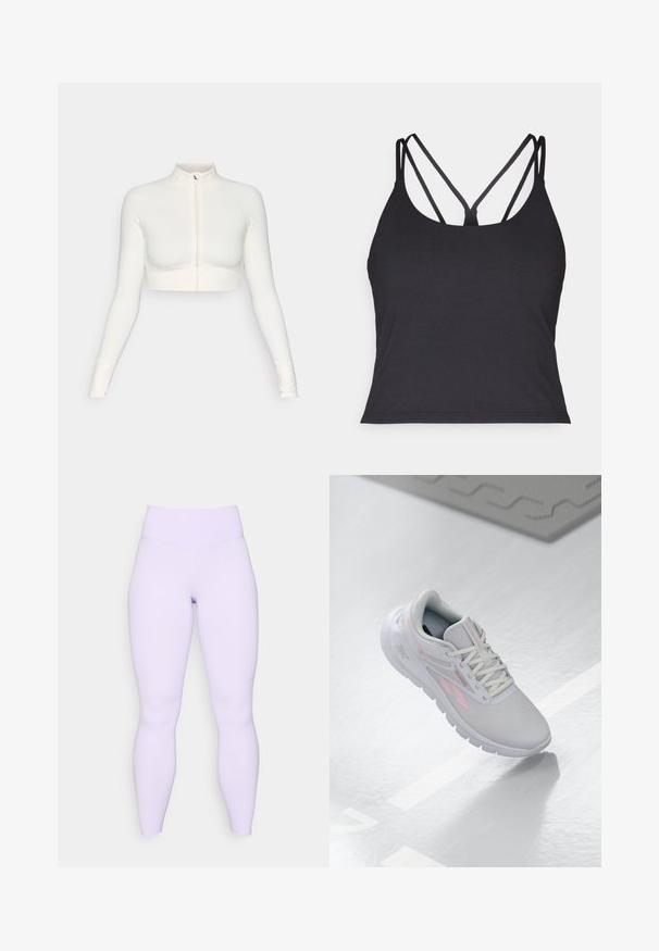Balta, īsā piegriezuma, ar rāvējslēdzēju, garām piedurknēm, augsta apkakle, cieši pieguloša dizaina, gluda tekstūra un ar caurumiem uz pirkstiem.; Melns topiņš ar plānām siksnām un krustveida dizainu aizmugurē. Izgatavots no mīkstas, elastīgas auduma ar pieguļošu siluetu.; Lilac legingi ar augstu vidukli, izgatavoti no stiept, gludas auduma. Pieguļoša forma bez redzamām rakstainēm vai akcentiem.; Gaišpelēka sporta apavus ar rozā akcentiem, sieta augšdaļa, noapaļota purngala forma, mīkstas zoles un šņorēšana. Virsma ir gluda un atstarojoša.