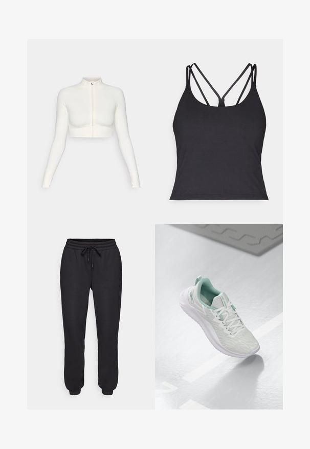 Witte cropped zip-up top met lange mouwen en hoge kraag, slim fit ontwerp, gladde textuur en duimgaten in de mouwen.; Zwarte tanktop met dunne bandjes en een kruisontwerp op de rug. Gemaakt van zachte, rekbare stof met een aansluitende pasvorm.; Zwarte sportbroek van zacht materiaal, met een elastische tailleband met een trekkoord, zijzakken en elastische boorden bij de enkels.; Lichtgrijze sportschoen met een gestructureerde gebreide bovenkant, mintgroene accenten, witte veters, rubberen zool en een trekkinglus op de hiel.