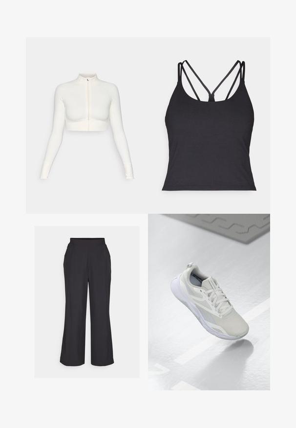 White cropped zip-up long-sleeve top with a high collar, fitted design, smooth texture, and thumbhole cuffs.; Black tank top featuring thin straps with a crisscross design at the back. Made from soft, stretchy material with a fitted silhouette.; Black wide-leg pants with an elastic waistband, two side pockets, and a smooth, lightweight texture. Simple design, no visible patterns.; White athletic shoe with a mesh upper, padded tongue, and a white rubber sole. Notable accents include light gray detailing and pull tab.