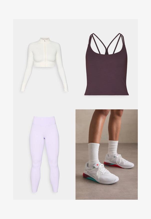 Top alb, scurt, cu fermoar, mâneci lungi, guler înalt, design ajustat, textură netedă și manșete cu orificii pentru degete.; Top fără mâneci de culoare violet închis, realizat dintr-un material neted, cu bretele subțiri și de tip dublu și decolteu rotund. Cordon fără cusături la baza.; Leggings lila cu talie înaltă, fabricate dintr-un material elastic și neted. Design ajustat, fără modele sau accente vizibile.; Atenți de sport albi cu un upper texturat, accente turcoaz și un toc roșu. Purtați cu șosete albe cu dungi. Prezintă șireturi și branding.