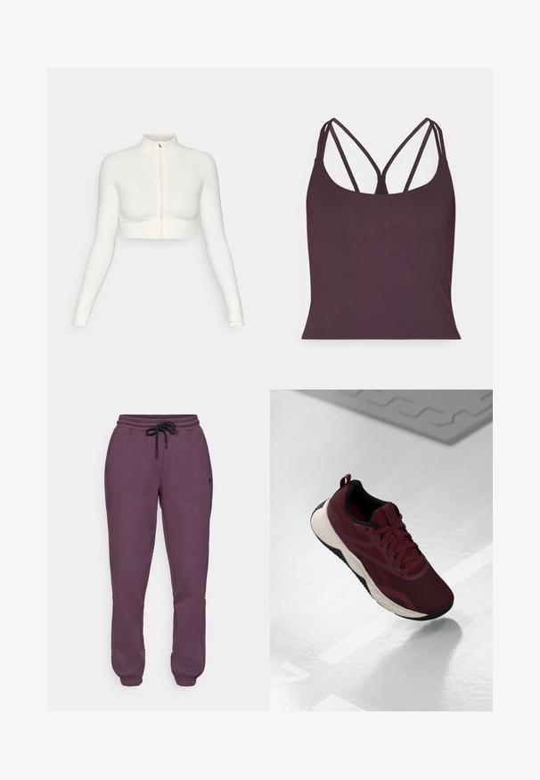 Vit kortärmad zip-up topp med lång ärm och hög krage, figursydd design, slät yta och tumhål i ärmarna.; Mörklila linne av slätt tyg med tunna dubbla axelband och rund halsringning. Sömlös fåll nertill.; Fabletics COZY GO TO SWEATPANT - Träningsbyxor - deep plum; Mörkröd sportskor med nätovandel, svarta detaljer och en dämpad vit sula. Har snörning och dragflik i hälen.
