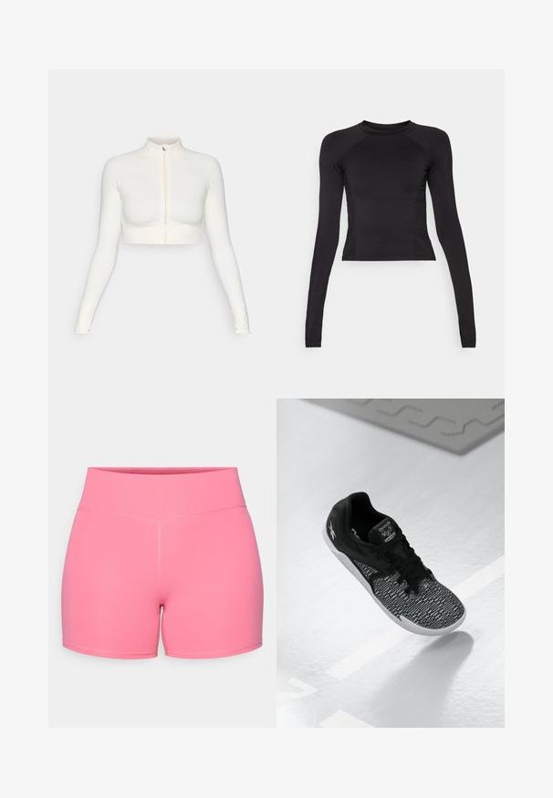 Hvid cropped zip-up langærmet top med høj krave, tætsiddende design, glat tekstur og tommelhulsmansjetter.; Sort langærmet crop top lavet af strækbart stof, med rund halsudskæring og raglanærmer med diskrete sømdetaljer.; Lyserøde atletikshorts med en glat tekstur, høj talje og flade sømme, designet til komfort og fleksibilitet under fysisk aktivitet.; Sort sportsko med en struktureret, mønstret mesh-overdel, sorte snørebånd og en hvid sål. Har Reebok branding på tungen og siden.