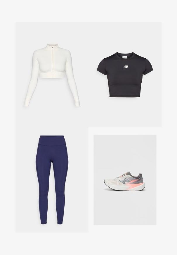 Bela kratica zip-up dolgi rokav zgornji del s visokim ovratnikom, prilegajoča zasnova, gladka tekstura in rokavi s odprtinami za palce.; Črn skrajšan atletski majica s kratkimi rokavi, izdelana iz raztegljive tkanine. Ima bel logotip spredaj, okroglo izrezano vratno linijo in prilegajoč dizajn.; Mornarsko visoko pasu legice iz raztegljive tkanine. Opremljene so z ravnimi šivi in tesnim prileganjem, z dvema stranskima žepoma za shranjevanje.; Svetlo sivi in roza tekaški čevlji New Balance z debelim belim podplatom in črnim podplatom, stranski pogled na enostavni podlagi.