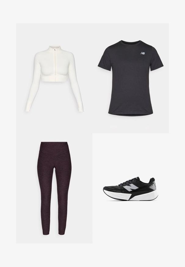 Balta, īsā piegriezuma, ar rāvējslēdzēju, garām piedurknēm, augsta apkakle, cieši pieguloša dizaina, gluda tekstūra un ar caurumiem uz pirkstiem.; Melnas īsām piedurknēm T-krekls, izgatavots no mīksta auduma, ar nelielu pelēku New Balance logo kreisajā augšējā krūtīs, klasiskā apaļā kakla dizainā.; Legingi tumšā purpura krāsas heterdam, ar augstu jostasvietu un pieguļošu dizainu, ar gludu, elastīgu tekstūru.; Melnbalts New Balance skriešanas apavi ar biezu zoli, acs augšdaļu un "N" logotipu sānos, skatīts no ārējās puses.