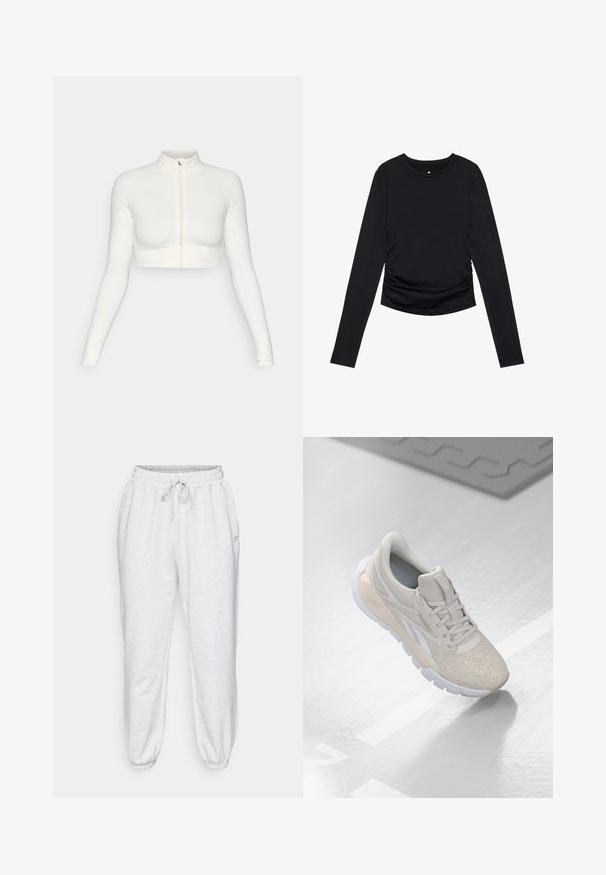 Hvid cropped zip-up langærmet top med høj krave, tætsiddende design, glat tekstur og tommelhulsmansjetter.; Sort langærmet top med rund halsudskæring og indsamlet detaljering i siderne, præsenteret mod en ensfarvet hvid baggrund.; Lysegrå joggingbukser lavet af blødt stof, med elastisk linning, snøre og tapered manchetter, samt sidelommer.; Lys beige atletisk sko med en perforeret overdel, teksturerede detaljer, polstret krave og hvid gummisål, designet til komfort og åndbarhed.