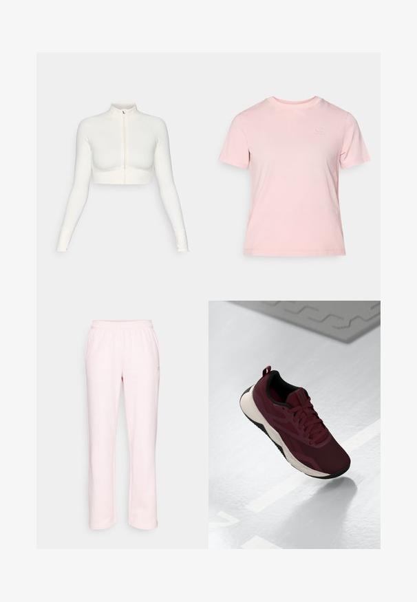 Balta trumpa zip-up viršutinė dalis su ilgomis rankovėmis, aukšta apykakle, prisitaikanti konstrukcija, glotni tekstūra ir rankovių angomis nykščiams.; Rožinė medvilninė marškinė su trumpomis rankovėmis, apvaliu kaklu ir subtiliu išsiuvinėtu logotipu. Lygus audinys ir laisvas siluetas.; Šviesiai rožinės spalvos sportinės kelnės, pagamintos iš minkštos medžiagos, turi elastingą juosmenį ir tiesaus kirpimo dizainą. Be kišenių ar matomų detalių.; Burgundi spalvos sportiniai bateliai su tinklelio viršumi, juodais akcentais ir paminkštintu baltu padu. Turintys raištelių uždarymą ir pakėlimo juostelę ant kulno.