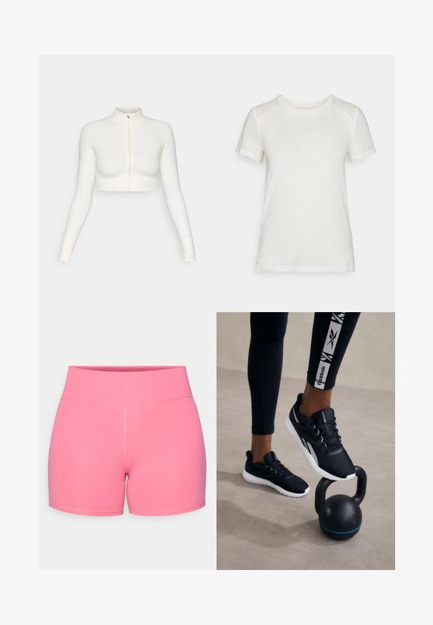 Hvid cropped zip-up langærmet top med høj krave, tætsiddende design, glat tekstur og tommelhulsmansjetter.; Hvid kortærmet t-shirt lavet af blødt stof, med en rund halsudskæring og en afslappet pasform med glatte, sømløse skulderdetaljer.; Lyserøde atletikshorts med en glat tekstur, høj talje og flade sømme, designet til komfort og fleksibilitet under fysisk aktivitet.; Svarte atletiske sko med en tekstureret overdel, hvid sål og grå accenter, placeret på en sort kettlebell med en blå stribe, mod en neutral baggrund.