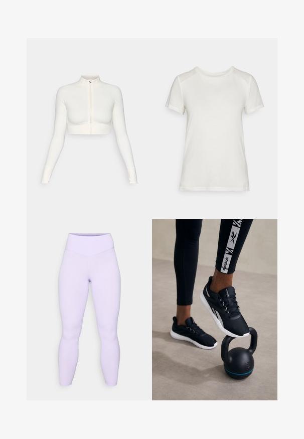 White cropped zip-up long-sleeve top with a high collar, fitted design, smooth texture, and thumbhole cuffs.; White short-sleeve t-shirt made of soft fabric, featuring a round neckline and a relaxed fit with smooth, seamless shoulder accents.; Lilac leggings featuring a high waistband, smooth texture, and a fitted design, extending to the ankles with no visible seams or patterns.; Black athletic shoes with a textured upper, white sole, and gray accents, positioned on a black kettlebell with a blue stripe, against a neutral background.