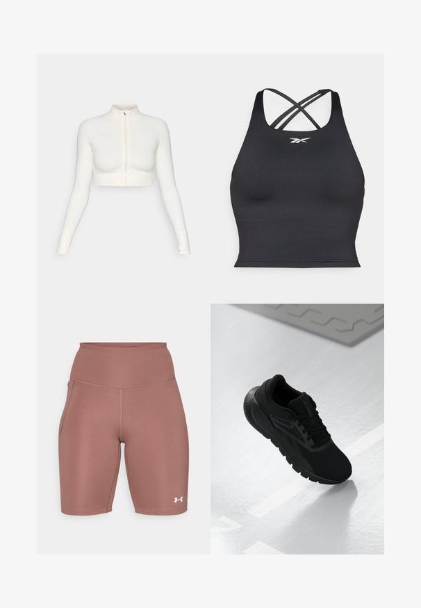 Top branco cropped com fecho, de mangas longas e colar alto, com design ajustado, textura suave e punhos com orifícios para os polegares.; Sutien desportivo preto feito de material elástico, com um design justo, alças largas e costas cruzadas. Pequeno logotipo branco na parte da frente.; Calções desportivos de cintura alta em rosa suave. Feitos de um tecido liso e elástico, com bolso lateral e detalhe do logótipo branco perto da bainha.; Shoe desportivo preto com upper em malha, biqueira redonda, sola almofadada e detalhes texturizados, posicionado sobre uma superfície branca lisa.
