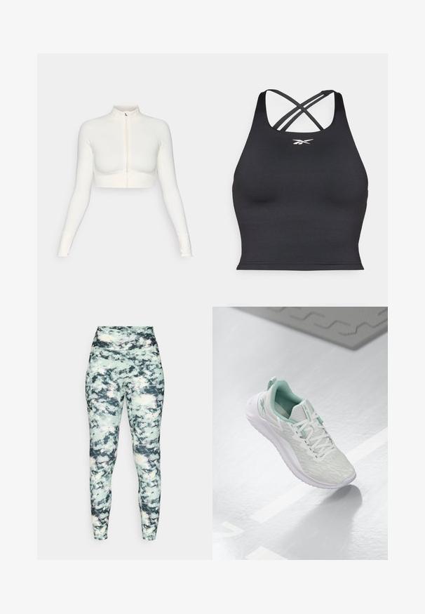 Bílý zkrácený zipový top s dlouhým rukávem a vysokým límcem, přiléhavý design, hladká textura a cuffy s otvory na palce.; Černá sportovní podprsenka vyrobená z pružného materiálu, s přiléhavým střihem, širokými šlemi a křížovým zadním dílem. Malé bílé logo na přední straně.; Legíny s vysokým pasem v barevném mramorovém vzoru; mají hladký povrch a přiléhavou siluetu pro optimální podporu.; Světle šedá sportovní obuv s texturovaným pleteným svrškem, mátově zelenými akcenty, bílými tkaničkami, gumovou podrážkou a poutkem na patě.