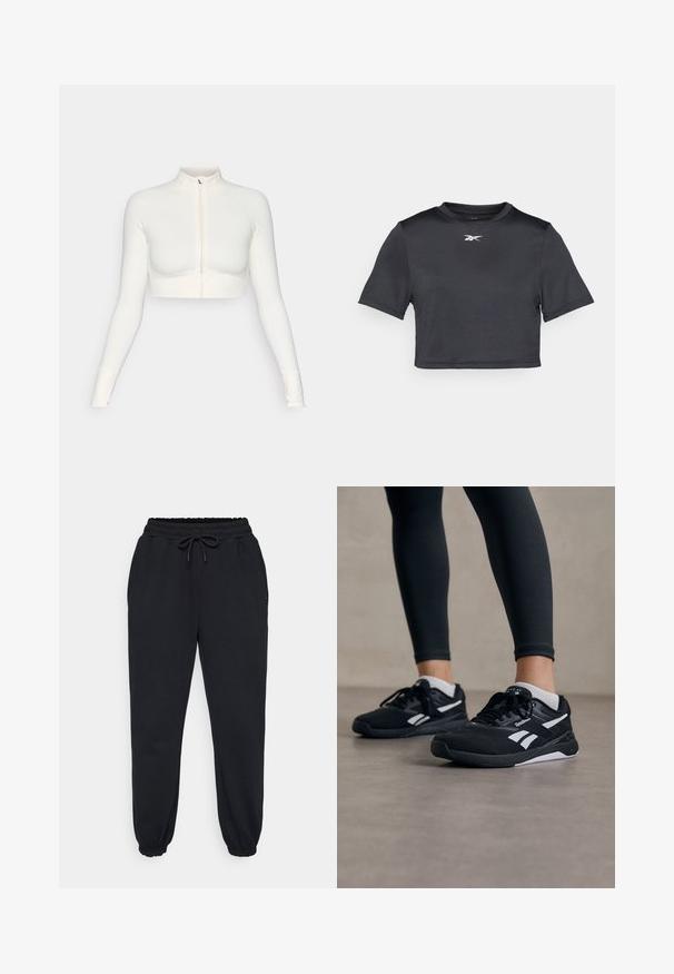 Bela kratica zip-up dolgi rokav zgornji del s visokim ovratnikom, prilegajoča zasnova, gladka tekstura in rokavi s odprtinami za palce.; Črna skrajšana atletska majica, izdelana iz gladkega, lahkega materiala. Ima kratke rokave in okroglo ovratnico ter belo logo natisnjen na prsih.; Črne trenirke iz mehkega materiala, ki imajo elastični pas z vrvico, stranske žepe in elastične manšete na gležnjih.; Črne športne čevlje z teksturiranim mrežastim zgornjim delom, belimi poudarki in oblazinjenim podplatom. Nosi se z črnimi leginami, kar poudarja eleganten dizajn.
