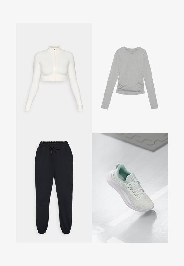 Bela kratica zip-up dolgi rokav zgornji del s visokim ovratnikom, prilegajoča zasnova, gladka tekstura in rokavi s odprtinami za palce.; Siva dolgi rokav srajca iz mehkega materiala, z preprostim okroglicom in nabrano podrobnostjo ob straneh.; Črne trenirke iz mehkega materiala, ki imajo elastični pas z vrvico, stranske žepe in elastične manšete na gležnjih.; Svetlo sivi športni čevelj z teksturiranim pletenim zgornjim delom, zelenimi poudarki, belimi vezalkami, gumijastim podplatom in zankico na peti.