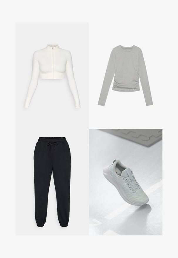 Bela kratica zip-up dolgi rokav zgornji del s visokim ovratnikom, prilegajoča zasnova, gladka tekstura in rokavi s odprtinami za palce.; Siva dolgi rokav srajca iz mehkega materiala, z preprostim okroglicom in nabrano podrobnostjo ob straneh.; Črne trenirke iz mehkega materiala, ki imajo elastični pas z vrvico, stranske žepe in elastične manšete na gležnjih.; Svetlo sivi atletski čevlji z teksturiranim mrežastim zgornjim delom, s črnim vezanjem, oblazinjeno podplatom in minimalnimi detajli blagovne znamke.