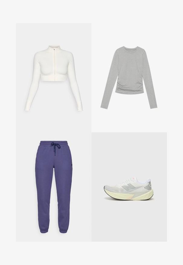 Valkoinen lyhyeksi leikattu vetoketjullinen pitkähiha, jossa on korkea kaulus, slim fit -muotoilu, sileä rakenne ja peukalon aukot hihansuissa.; Harmaa pitkähihainen paita, joka on valmistettu pehmeästä materiaalista. Paidassa on yksinkertainen pyöreä pääntie ja kerrostettu yksityiskohta sivuilla.; Violet jumpparit pehmeästä kankaasta, jossa on joustava vyötärö, kiristysnauha ja resorit nilkassa.; Kevyt juoksukenkä, jossa on harmaa ja valkoinen verkkomateriaali, huomattava 'N' logo sekä keltainen välipohja, jossa on kaltevia yksityiskohtia. Musta ulkopohja.