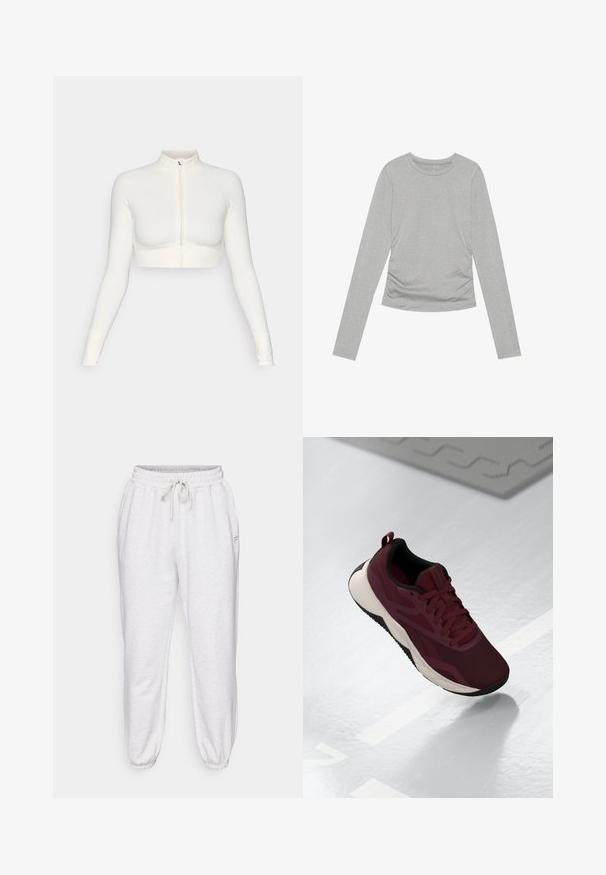 Fehér, rövidített, cipzáras, hosszú ujjú felső magas gallérral, testhez simuló fazonnal, sima textúrával és hüvelykujjlyukakkal.; Szürke, hosszú ujjú ing, puha anyagból készült, egyszerű, kerek nyakkal és oldalt ráncolt részletekkel.; Világosszürke jogger nadrág puha anyagból, elasztikus derékkal, húzózsinórral és szűkített szárakkal, oldalsó zsebekkel.; Bordó sportcipő hálós felsőrészével, fekete részletekkel és párnázott fehér talppal. Fűzős záródással és saroknál húzófüllel rendelkezik.