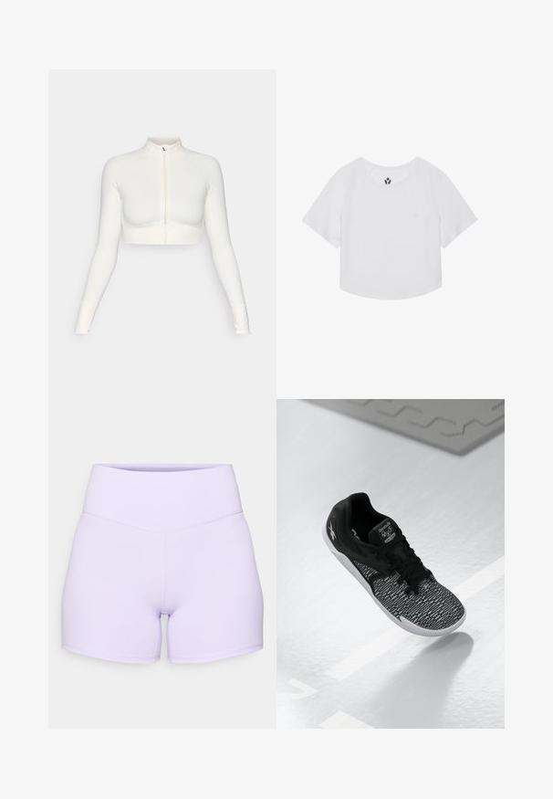 Haut zippé blanc à manches longues et court, avec un col haut, un design ajusté, une texture lisse et des poignets à trou pour les pouces.; T-shirt de sport blanc court avec des manches raglan courtes, un col rond et un petit logo sur la poitrine. Tissu lisse et léger.; Shorts lilas taille haute en tissu extensible. Présentent des coutures à plat et un design ajusté avec une texture lisse.; Baskets noires de sport avec une tige en mesh texturée et à motifs, des lacets noirs et une semelle blanche. Comprend le logo Reebok sur la languette et sur le côté.