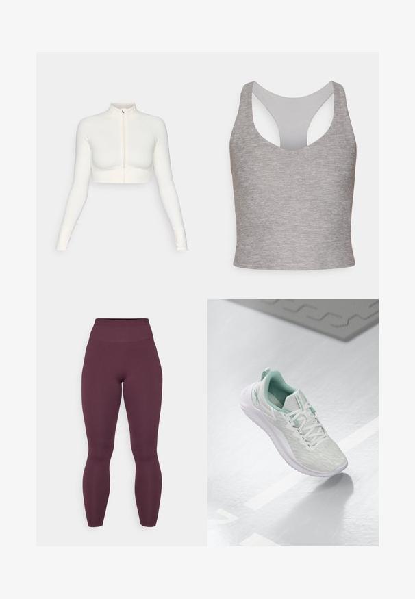 Top bianco corto con zip e maniche lunghe, con colletto alto, design aderente, texture liscia e polsini con foro per il pollice.; Top corto grigio senza maniche con un ampio scollo rotondo e un retro con apertura. Realizzato in un tessuto morbido e elastico con una texture liscia.; Leggings bordeaux a vita alta con un tessuto liscio e elasticizzato. Design a lunghezza completa, senza cuciture in vita, senza hardware visibile o fantasie.; Scarpa sportiva grigio chiaro con tomaia in maglia testurizzata, dettagli verde menta, lacci bianchi, suola in gomma e linguetta sul tallone.