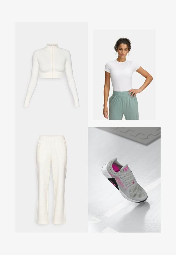 Balta trumpa zip-up viršutinė dalis su ilgomis rankovėmis, aukšta apykakle, prisitaikanti konstrukcija, glotni tekstūra ir rankovių angomis nykščiams.; Baltas prigludęs marškinėliai su trumpomis rankovėmis, derinami su šviesiai žaliomis elastingomis kelnėmis. Lygi tekstūra, minimalistinis dizainas, be akivaizdžių raštų.; Šviesiai kreminiai sportiniai džinsai su elastinga juosta, platėjančiomis kojomis ir subtiliu logotipu kairėje priekyje. Pagaminti iš minkštos, tekstūruotos medžiagos.; Pilkas ir rožinis Reebok sportinis kedas su tinkleliu viršuje ir detaliu padu, rodoma ant atspindinčio balto paviršiaus.