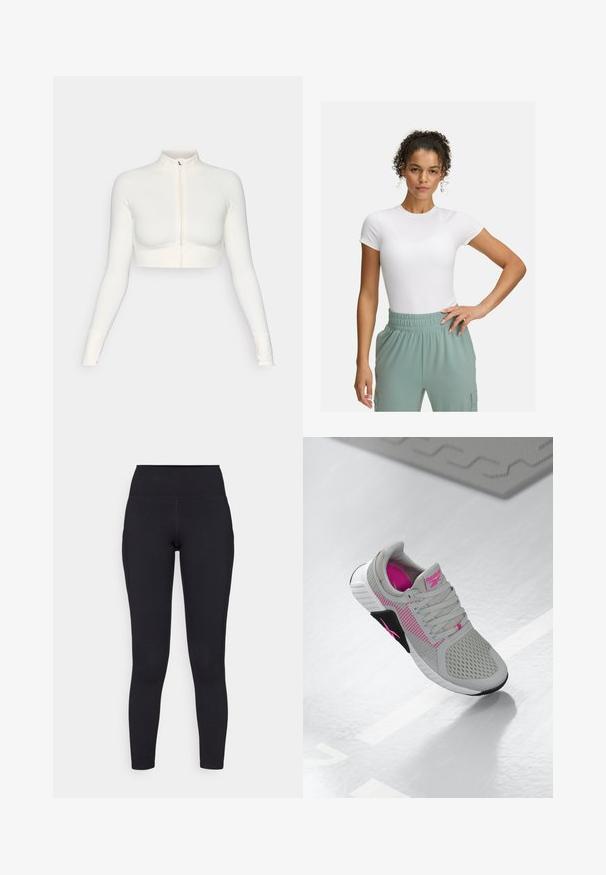 Bela kratica zip-up dolgi rokav zgornji del s visokim ovratnikom, prilegajoča zasnova, gladka tekstura in rokavi s odprtinami za palce.; Bela prilegajoča majica s kratkimi rokavi, kombinirana z lahkimi hlačami z elastičnim pasom v svetlo zeleni barvi. Gladka tekstura, minimalistična zasnova in brez vidnih vzorcev.; Črne legice z visokim pasom, izdelane iz raztegljivega materiala, z gladko teksturo in prilegajočim dizajnom, ki se razteza do gležnjev.; Sivi in roza Reebok športni čevlji z mrežastim zgornjim delom in podrobno podplatom, prikazani na odsevni beli površini.