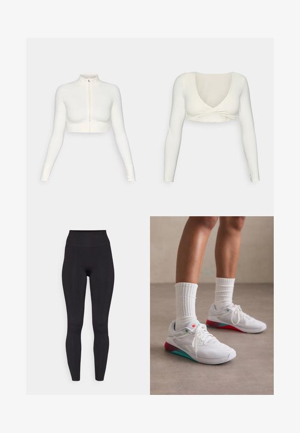 Weißer, taillierter Reißverschluss-Pullover mit langen Ärmeln und hohem Kragen, elastischem Design, glatter Textur und Daumenlöchern.; Weißes langärmliges Cropped Top mit tiefem V-Ausschnitt und gedrehtem Vorderdesign, hergestellt aus einem glatten, dehnbaren Stoff.; Fabletics SEAMLESS HIGH WAISTED LEGGING - Tights - black; Weiße Sportschuhe mit einer strukturierten Oberseite, türkisfarbenen Akzenten und einer roten Ferse. Getragen mit gerippten weißen Socken. Verfügt über Schnürsenkel und Branding.