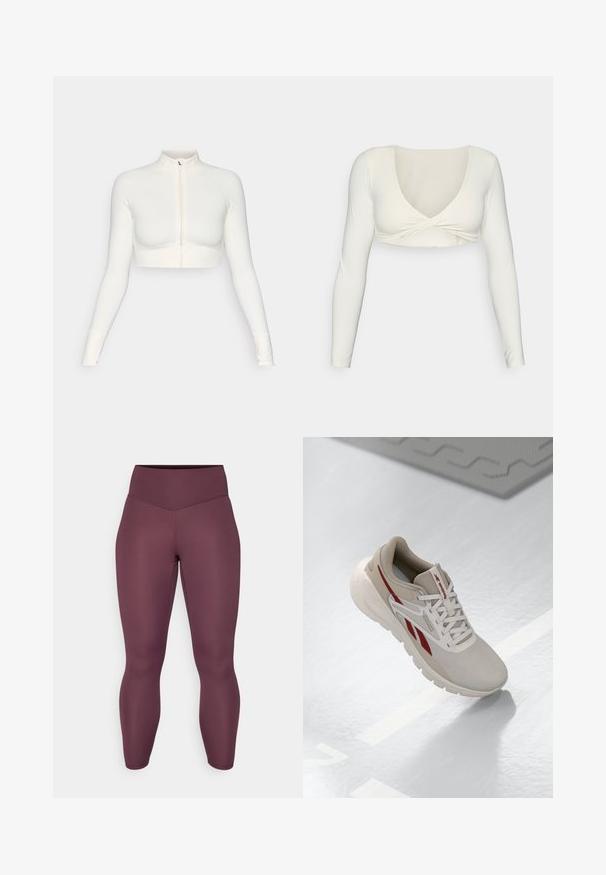 Biely skrátený zipsový top s dlhými rukávmi a vysokým golierom, priliehajúci strih, hladký povrch a manžety s otvorom na palec.; Biela dlhá rukávová crop topka s hlbokým V-výstrihom a prekrúteným dizajnom na prednej strane, vyrobená z hladkej, elastickej tkaniny.; Legíny s vysokým pásom a priliehavým strihom v bohatej burgundskej farbe. Vyrobené z hladkej, elastickej látky, bez viditeľných vzorov alebo kovania.; Bežová športová obuv s červenými akcentmi, textúrovaný sieťovaný zvršok, polstrovaný golier a ľahká podrážka. Obsahuje logo na boku a šnurovací dizajn.