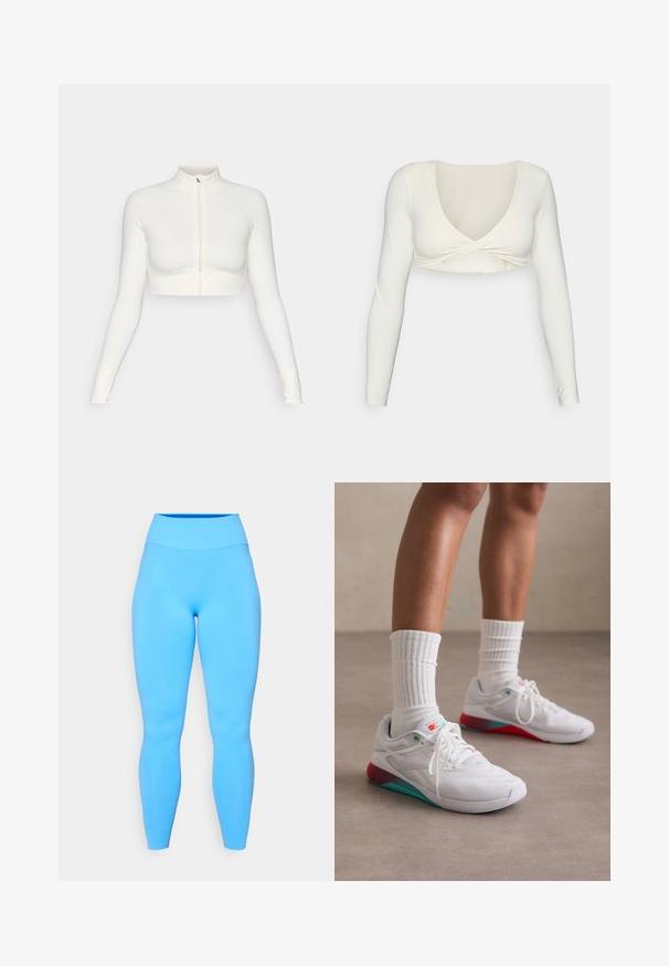 Balta trumpa zip-up viršutinė dalis su ilgomis rankovėmis, aukšta apykakle, prisitaikanti konstrukcija, glotni tekstūra ir rankovių angomis nykščiams.; Balta ilgomis rankovėmis trumpa palaidinė su giliu V formos iškirpimu ir suktuoju priekyje, pagaminta iš lygaus, elastingo audinio.; Mėlynos legginai, pagaminti iš elastingos medžiagos su aukštu juosmeniu. Lygus paviršius ir prigludęs dizainas, siekiantis iki kulkšnies.; Baltos sportinės bateliai su tekstūriniu paviršiumi, turkio spalvos akcentais ir raudonu kulnu. Dėvimi su banguotomis baltomis kojinėmis. Su raišteliais ir prekės ženklu.