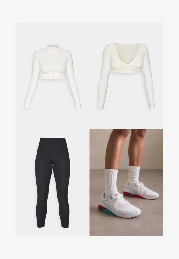 Weißer, taillierter Reißverschluss-Pullover mit langen Ärmeln und hohem Kragen, elastischem Design, glatter Textur und Daumenlöchern.; Weißes langärmliges Cropped Top mit tiefem V-Ausschnitt und gedrehtem Vorderdesign, hergestellt aus einem glatten, dehnbaren Stoff.; Schwarze Leggings mit hoher Taille, glatter Textur und tailliertem Design. Verfügt über flache Nähte und eine knöchellange Abdeckung ohne Muster.; Weiße Sportschuhe mit einer strukturierten Oberseite, türkisfarbenen Akzenten und einer roten Ferse. Getragen mit gerippten weißen Socken. Verfügt über Schnürsenkel und Branding.
