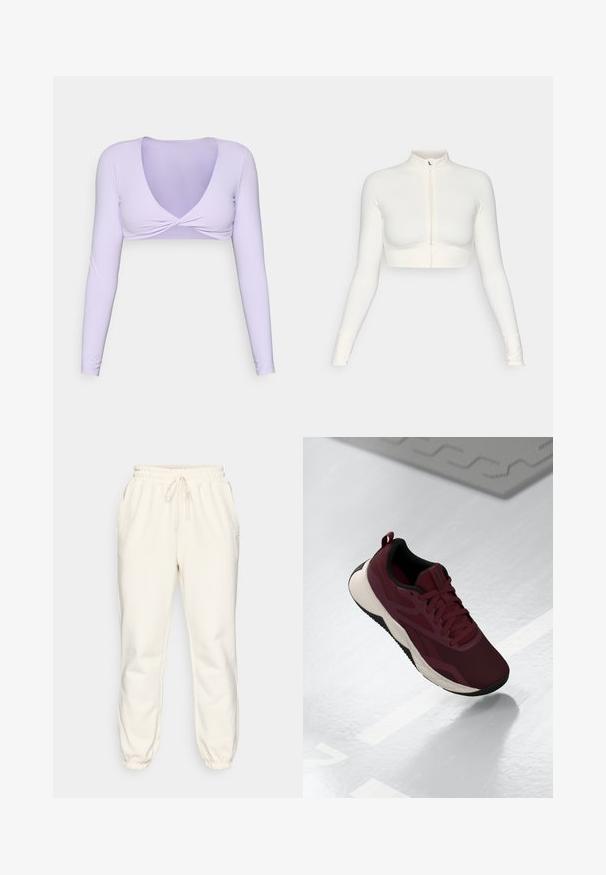 Balta trumpa zip-up viršutinė dalis su ilgomis rankovėmis, aukšta apykakle, prisitaikanti konstrukcija, glotni tekstūra ir rankovių angomis nykščiams.; Šviesiai levandų ilgomis rankovėmis trumpas viršus su giliu V formos iškirpimu ir susuktos priekinės dalies dizainu. Pagamintas iš lygaus, ištempto audinio, puikiai tinkančio sluoksniavimui.; Kremo spalvos sportinės kelnės, pagamintos iš minkštos medžiagos, su elastingu liemeniu su raišteliu, šoninėmis kišenėmis ir siaurėjančiais raiščiais ties kulkšnimis.; Burgundi spalvos sportiniai bateliai su tinklelio viršumi, juodais akcentais ir paminkštintu baltu padu. Turintys raištelių uždarymą ir pakėlimo juostelę ant kulno.