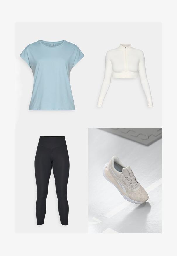 Bílý zkrácený zipový top s dlouhým rukávem a vysokým límcem, přiléhavý design, hladká textura a cuffy s otvory na palce.; Světle modré tričko s krátkým rukávem vyrobené z měkké tkaniny. Má kulatý výstřih, uvolněný střih a prošívané lemy. Bez vzorů nebo ozdob.; Černé legíny s vysokým pasem, hladkým povrchem a přiléhavým střihem. Mají ploché švy a celoplošné pokrytí bez vzorů.; Světlé béžové sportovní boty s perforovaným svrškem, texturovanými akcenty, polstrovaným límcem a bílou gumovou podešví, navržené pro pohodlí a prodyšnost.