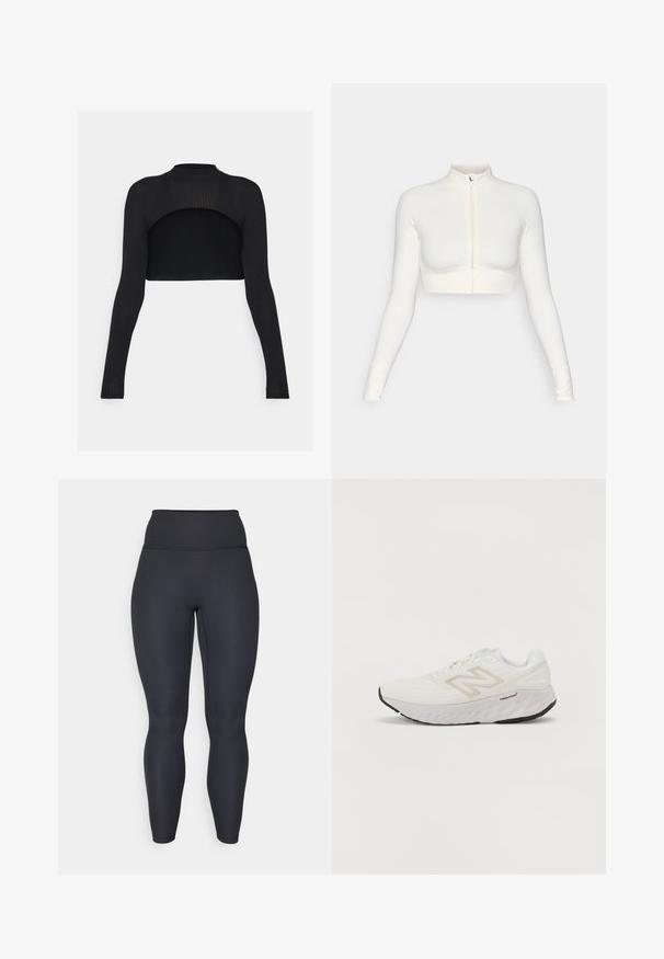 Weißer, taillierter Reißverschluss-Pullover mit langen Ärmeln und hohem Kragen, elastischem Design, glatter Textur und Daumenlöchern.; Schwarzes geripptes Crop-Top mit langen Ärmeln, hohem Kragen und offenem Rücken. Glatte Textur mit einer figurbetonten Silhouette.; Hochtaillierte schwarze gerippte Leggings mit einer figurschmeichelnden Passform, glatter Textur und Vollraumschnitt. Sie verfügen über einen breiten Taillenbund für zusätzlichen Halt.; Weißer Sportschuh mit Mesh-Obermaterial, gepolstertem Kragen und einer dicken, strukturierten Sohle. Er hat einen hellgrauen Akzent und das "New Balance"-Logo an der Seite.
