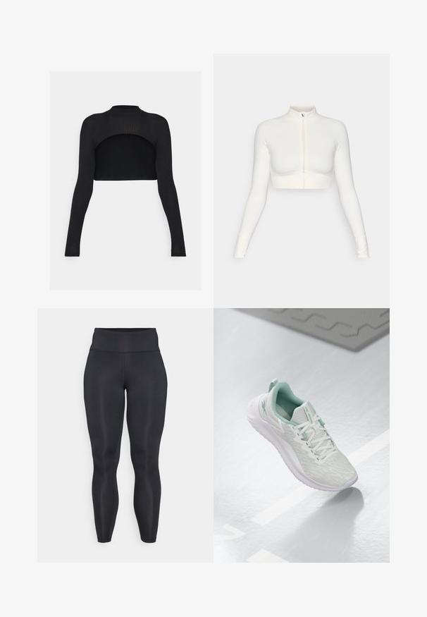 Valge lühikeste varrukatega pikendatud ülikond, millel on kõrge krae, sobiv disain, sile tekstuur ja pöidlaugu käised.; Must have mustar ribidega lühike topp pikkade varrukatega, kõrge kaelusega ja avatud seljaga disain. Sile tekstuur ja keha lähedane siluett.; Mustad mustad, millel on kõrge vöökoht, valmistatud siledast, elastsetest materjalidest. Omab lamedate õmblustega ja vormistatud, kitsenevat disaini.; Heledad hallitushallide spordijalanõud tekstuurse kudumise ülaosaga, mündiroheline aktsent, valged nöörid, kummist tald ja tõmblõng kandmisel.