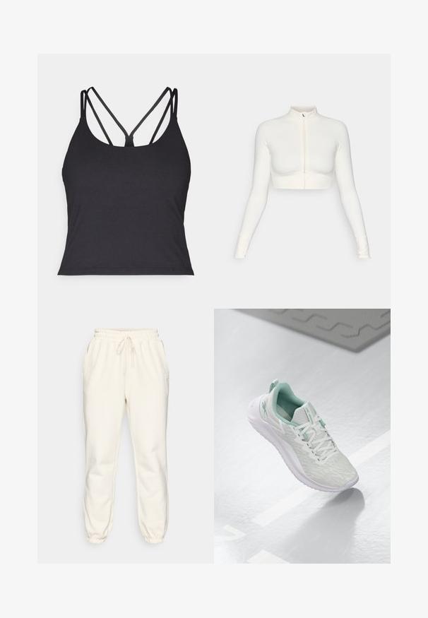 Top branco cropped com fecho, de mangas longas e colar alto, com design ajustado, textura suave e punhos com orifícios para os polegares.; T-shirt preto sem mangas com alças finas e um design entrelaçado nas costas. Feito de um material macio e elástico com um corte ajustado.; Calças de moletão de cor creme, feitas de um tecido suave, com um cós elástico com cordão, bolsos laterais e punhos ajustados nos tornozelos.; Sapatilha atlética cinza claro com parte superior em malha texturizada, detalhes em verde menta, atacadores brancos, sola de borracha e etiqueta de puxar no calcanhar.