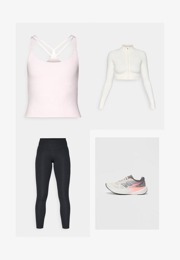 Top alb, scurt, cu fermoar, mâneci lungi, guler înalt, design ajustat, textură netedă și manșete cu orificii pentru degete.; Fabletics PRINCIPAL BUILT IN BRA TANK - Top - sugar pink; Leggings negre dintr-un material elastic, cu o talie înaltă, textură netedă și o croială care se mulează pe corp. Fără modele vizibile sau accesorii.; Pantof cu alergare New Balance, gri deschis și roz, cu talpă albă groasă și talpă neagră, văzut din lateral pe un fundal simplu.