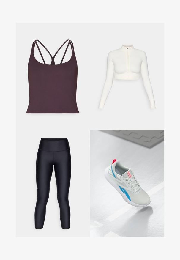 Hvit kort bukseseler-langermet topp med høy krage, tettsittende design, glatt tekstur og tommelhull på ermene.; Mørk lilla tanktopp laget av glatt stoff, med tynne doble stropper og rund halslinning. Sømløs kant nederst.; Svarte leggings laget av glatt, elastisk stoff. Høyt liv med tettsittende passform og en liten logo på venstre ben.; Hvit og blå Reebok-sneaker med rød løkke svevende over et skinnende gulv med en grå gummimatte i nærheten.