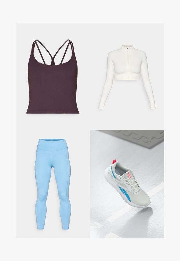 Top bianco corto con zip e maniche lunghe, con colletto alto, design aderente, texture liscia e polsini con foro per il pollice.; Top senza maniche di colore viola scuro realizzato in tessuto morbido, con sottili spalline doppie e scollatura arrotondata. Orlo senza cuciture nella parte inferiore.; Leggings blu chiaro realizzati in un tessuto elasticizzato. Presentano un'ampia vita, una consistenza liscia e cuciture curve lungo le gambe.; Sneaker Reebok bianco e blu con un pull tab rosso che galleggia sopra un pavimento lucido con un tappetino di gomma grigio nelle vicinanze.