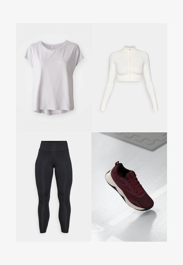 Valkoinen lyhyeksi leikattu vetoketjullinen pitkähiha, jossa on korkea kaulus, slim fit -muotoilu, sileä rakenne ja peukalon aukot hihansuissa.; Helle grå, kortermet treningst-skjorte laget av glatt, pustende stoff; rund hals med subtil buet nederkant for en avslappet passform.; Mustat korkeavyötäröiset täysimittaiset legginsit, joissa on sileä kangas ja näkyvät saumat edessä ja vyötäröllä.; Maroon urheilukengät, joissa on verkkovuori, mustat yksityiskohdat ja pehmustettu valkoinen pohja. Varustettu nauhoilla suljettavalla systeemillä ja kantapään vetotukiremmillä.